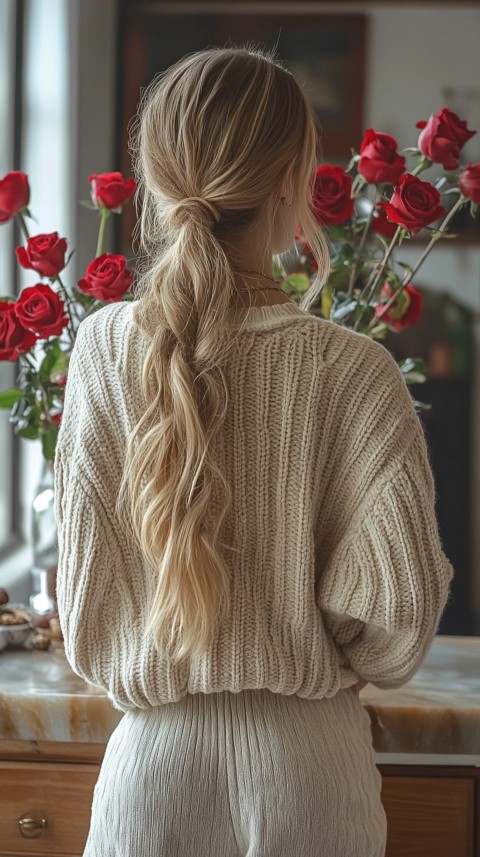 Back View of a Woman in a Comfy Sweater Standing by a Vase of Red Roses on a Kitchen Counter – Cozy Aesthetic (7)