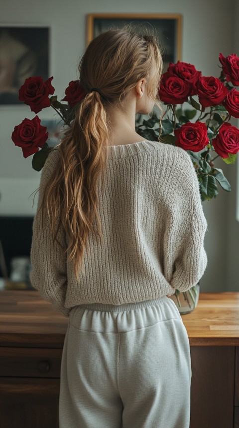 Back View of a Woman in a Comfy Sweater Standing by a Vase of Red Roses on a Kitchen Counter – Cozy Aesthetic (11)