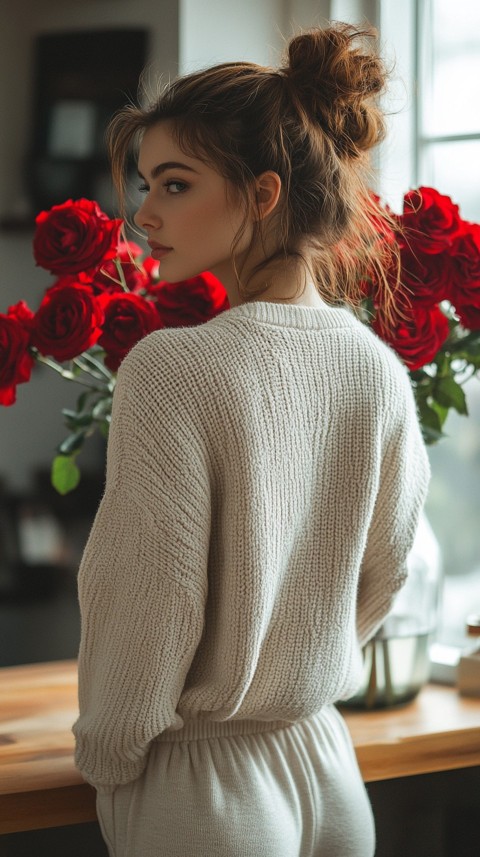 Back View of a Woman in a Comfy Sweater Standing by a Vase of Red Roses on a Kitchen Counter – Cozy Aesthetic (1)