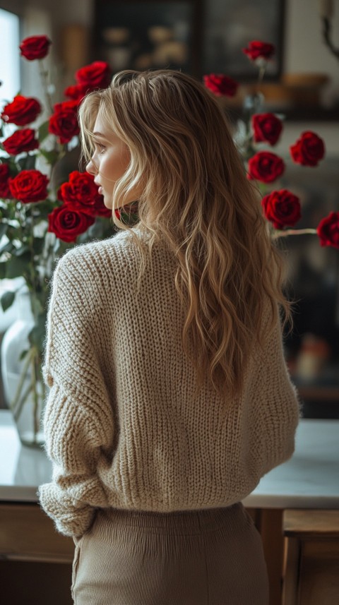 Back View of a Woman in a Comfy Sweater Standing by a Vase of Red Roses on a Kitchen Counter – Cozy Aesthetic (3)