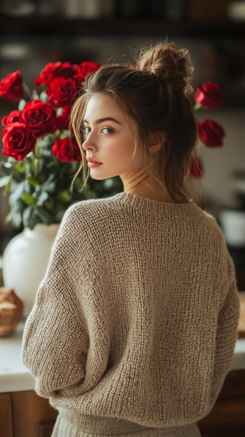 Back View of a Woman in a Comfy Sweater Standing by a Vase of Red Roses on a Kitchen Counter – Cozy Aesthetic (13)