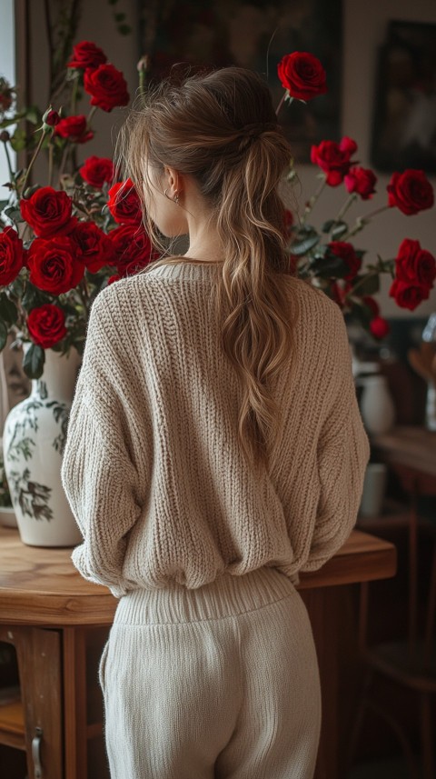 Back View of a Woman in a Comfy Sweater Standing by a Vase of Red Roses on a Kitchen Counter – Cozy Aesthetic (18)