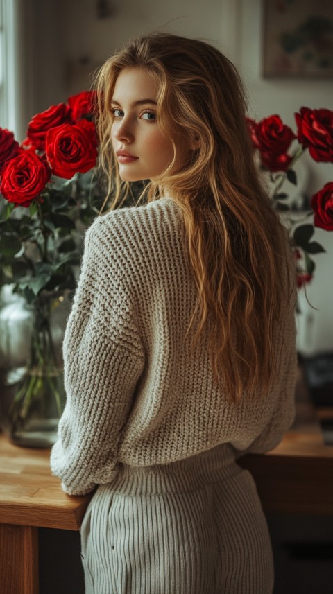 Back View of a Woman in a Comfy Sweater Standing by a Vase of Red Roses on a Kitchen Counter – Cozy Aesthetic (14)