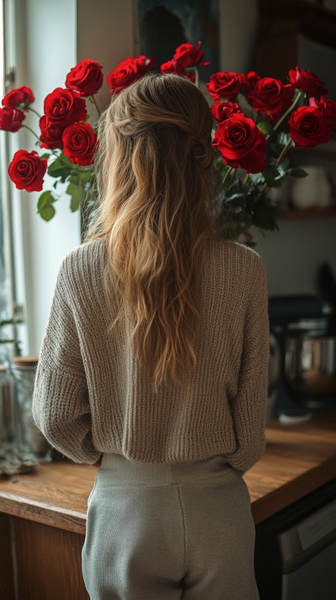 Back View of a Woman in a Comfy Sweater Standing by a Vase of Red Roses on a Kitchen Counter – Cozy Aesthetic (6)