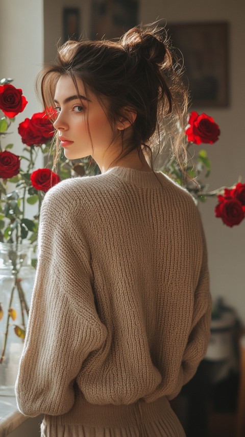 Back View of a Woman in a Comfy Sweater Standing by a Vase of Red Roses on a Kitchen Counter – Cozy Aesthetic (8)