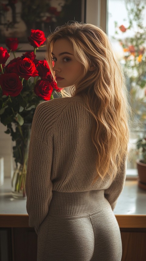 Back View of a Woman in a Comfy Sweater Standing by a Vase of Red Roses on a Kitchen Counter – Cozy Aesthetic (12)