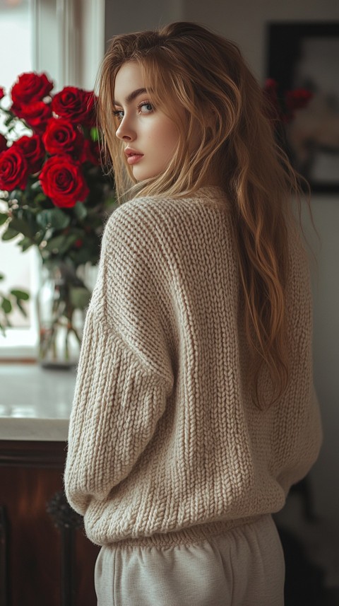 Back View of a Woman in a Comfy Sweater Standing by a Vase of Red Roses on a Kitchen Counter – Cozy Aesthetic (24)