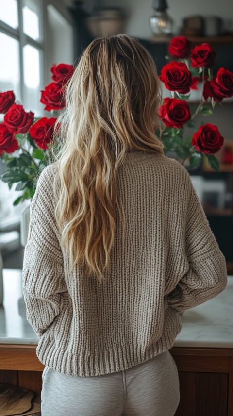 Back View of a Woman in a Comfy Sweater Standing by a Vase of Red Roses on a Kitchen Counter – Cozy Aesthetic (48)