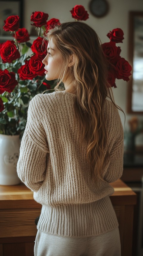 Back View of a Woman in a Comfy Sweater Standing by a Vase of Red Roses on a Kitchen Counter – Cozy Aesthetic (41)