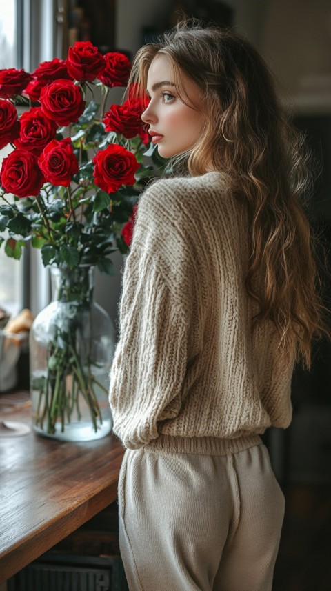 Back View of a Woman in a Comfy Sweater Standing by a Vase of Red Roses on a Kitchen Counter – Cozy Aesthetic (28)