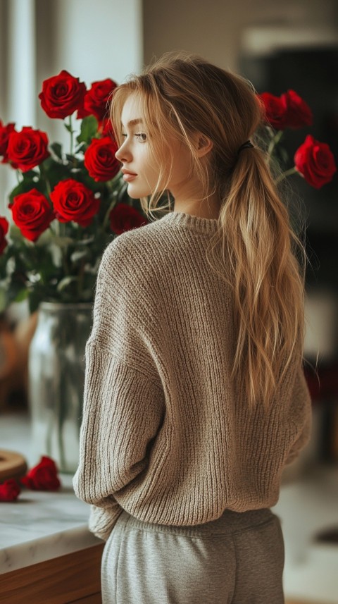 Back View of a Woman in a Comfy Sweater Standing by a Vase of Red Roses on a Kitchen Counter – Cozy Aesthetic (35)