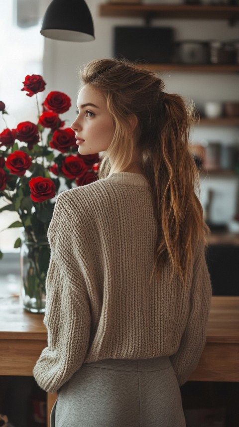 Back View of a Woman in a Comfy Sweater Standing by a Vase of Red Roses on a Kitchen Counter – Cozy Aesthetic (31)