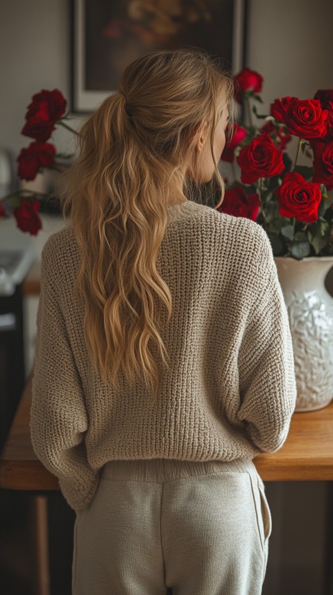 Back View of a Woman in a Comfy Sweater Standing by a Vase of Red Roses on a Kitchen Counter – Cozy Aesthetic (46)