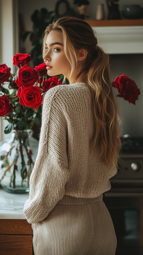 Back View of a Woman in a Comfy Sweater Standing by a Vase of Red Roses on a Kitchen Counter – Cozy Aesthetic (44)