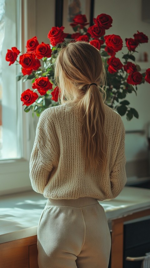 Back View of a Woman in a Comfy Sweater Standing by a Vase of Red Roses on a Kitchen Counter – Cozy Aesthetic (27)