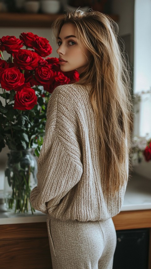 Back View of a Woman in a Comfy Sweater Standing by a Vase of Red Roses on a Kitchen Counter – Cozy Aesthetic (52)