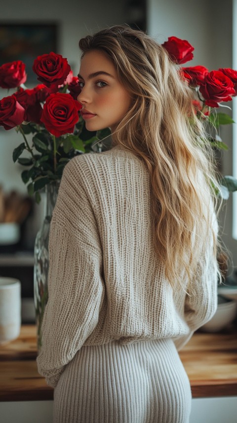 Back View of a Woman in a Comfy Sweater Standing by a Vase of Red Roses on a Kitchen Counter – Cozy Aesthetic (33)