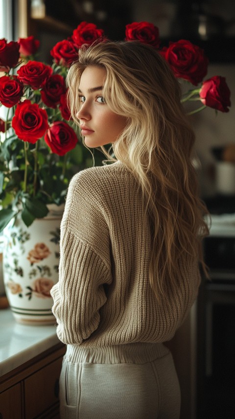 Back View of a Woman in a Comfy Sweater Standing by a Vase of Red Roses on a Kitchen Counter – Cozy Aesthetic (37)