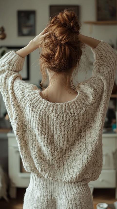 Back View of a Woman in a Comfy Sweater with Stretched Hands Above Her Head and a Messy Bun – Cozy Living Room Aesthetic (24)