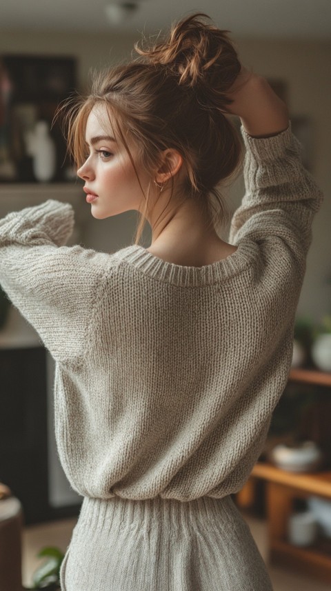 Back View of a Woman in a Comfy Sweater with Stretched Hands Above Her Head and a Messy Bun – Cozy Living Room Aesthetic (33)