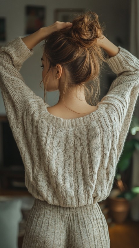 Back View of a Woman in a Comfy Sweater with Stretched Hands Above Her Head and a Messy Bun – Cozy Living Room Aesthetic (27)