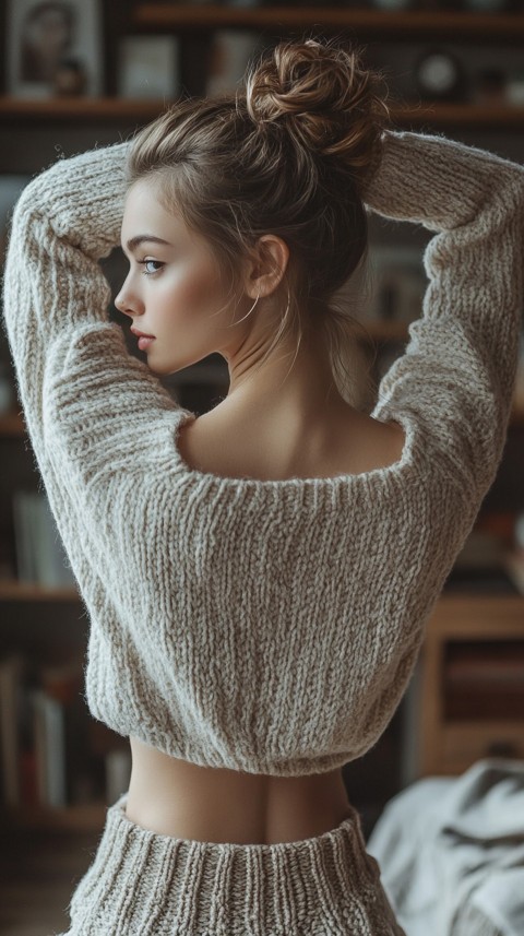 Back View of a Woman in a Comfy Sweater with Stretched Hands Above Her Head and a Messy Bun – Cozy Living Room Aesthetic (50)