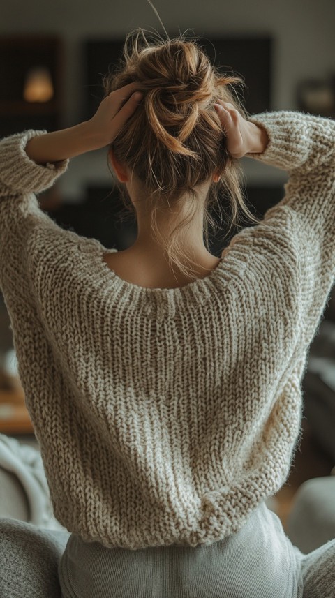 Back View of a Woman in a Comfy Sweater with Stretched Hands Above Her Head and a Messy Bun – Cozy Living Room Aesthetic (49)