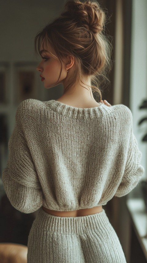 Back View of a Woman in a Comfy Sweater with Stretched Hands Above Her Head and a Messy Bun – Cozy Living Room Aesthetic (30)