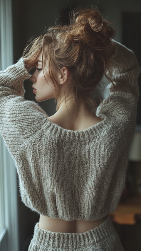 Back View of a Woman in a Comfy Sweater with Stretched Hands Above Her Head and a Messy Bun – Cozy Living Room Aesthetic (70)