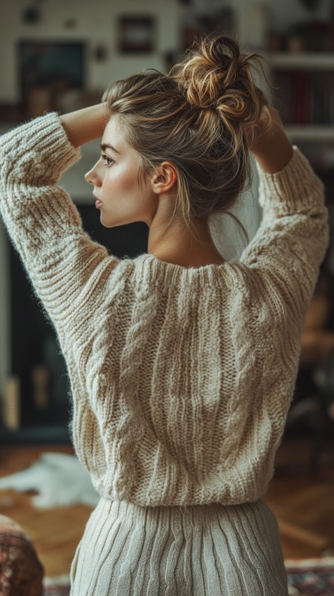 Back View of a Woman in a Comfy Sweater with Stretched Hands Above Her Head and a Messy Bun – Cozy Living Room Aesthetic (66)