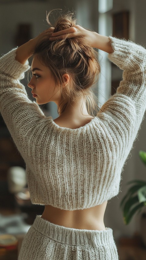 Back View of a Woman in a Comfy Sweater with Stretched Hands Above Her Head and a Messy Bun – Cozy Living Room Aesthetic (56)