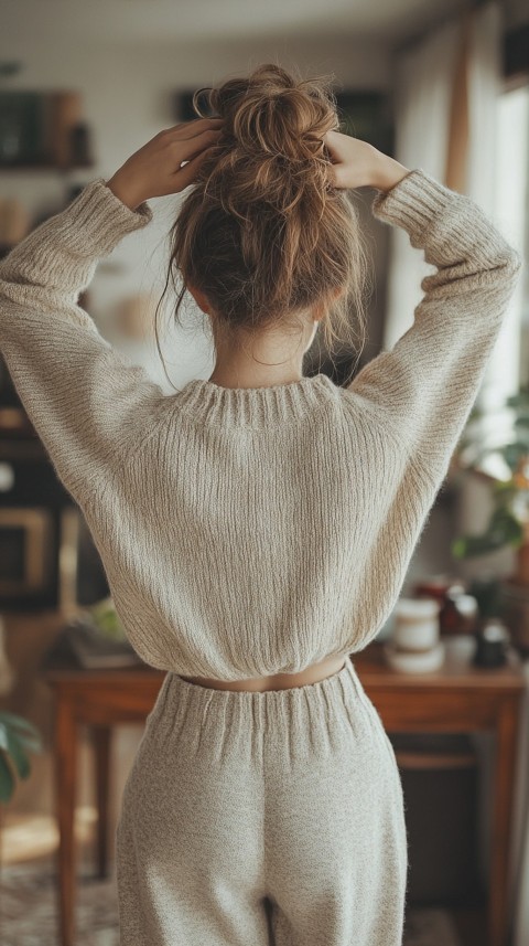 Back View of a Woman in a Comfy Sweater with Stretched Hands Above Her Head and a Messy Bun – Cozy Living Room Aesthetic (59)