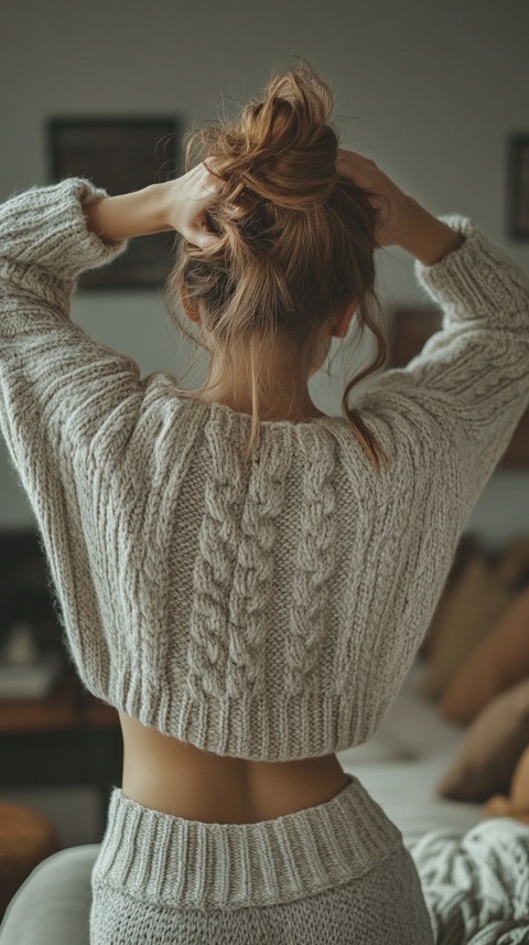 Back View of a Woman in a Comfy Sweater with Stretched Hands Above Her Head and a Messy Bun – Cozy Living Room Aesthetic (96)