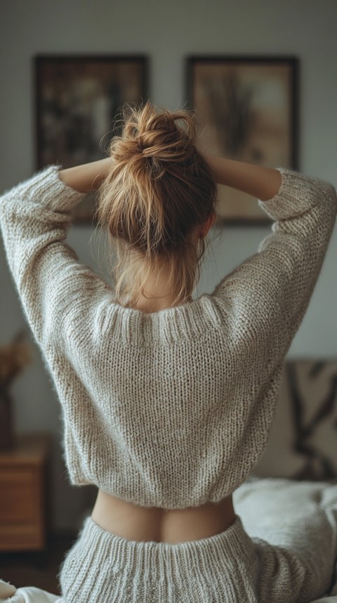 Back View of a Woman in a Comfy Sweater with Stretched Hands Above Her Head and a Messy Bun – Cozy Living Room Aesthetic (86)