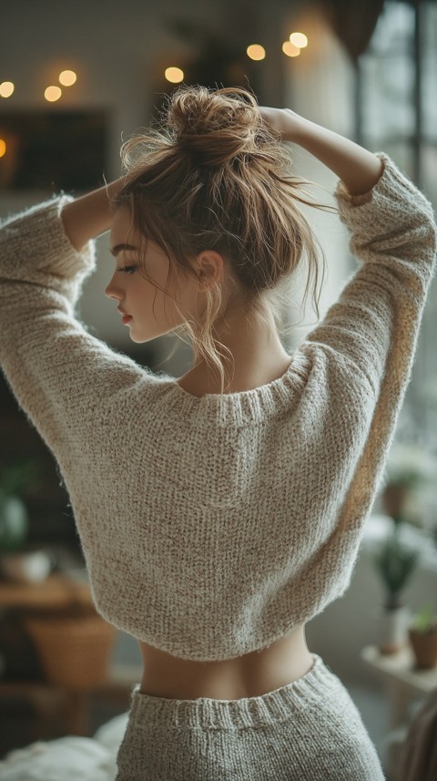 Back View of a Woman in a Comfy Sweater with Stretched Hands Above Her Head and a Messy Bun – Cozy Living Room Aesthetic (87)