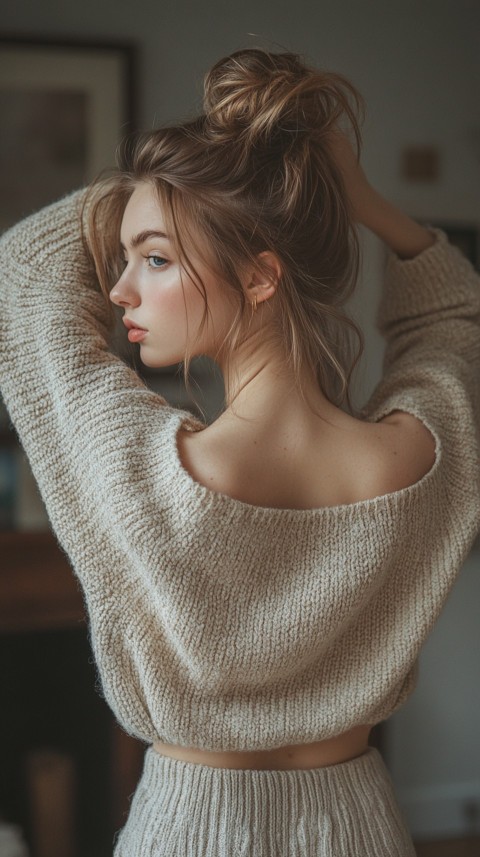 Back View of a Woman in a Comfy Sweater with Stretched Hands Above Her Head and a Messy Bun – Cozy Living Room Aesthetic (93)