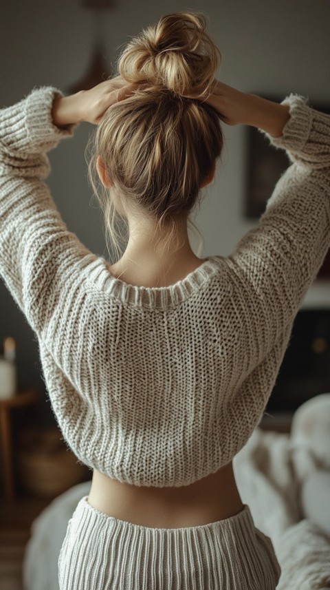 Back View of a Woman in a Comfy Sweater with Stretched Hands Above Her Head and a Messy Bun – Cozy Living Room Aesthetic (91)