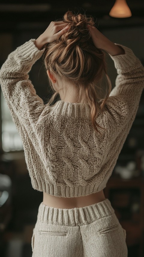 Back View of a Woman in a Comfy Sweater with Stretched Hands Above Her Head and a Messy Bun – Cozy Living Room Aesthetic (88)