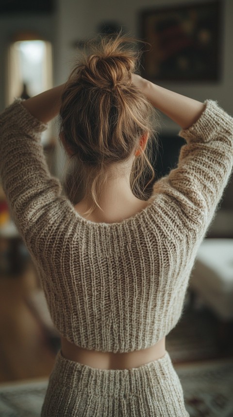 Back View of a Woman in a Comfy Sweater with Stretched Hands Above Her Head and a Messy Bun – Cozy Living Room Aesthetic (74)