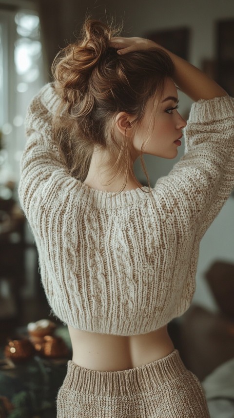 Back View of a Woman in a Comfy Sweater with Stretched Hands Above Her Head and a Messy Bun – Cozy Living Room Aesthetic (78)