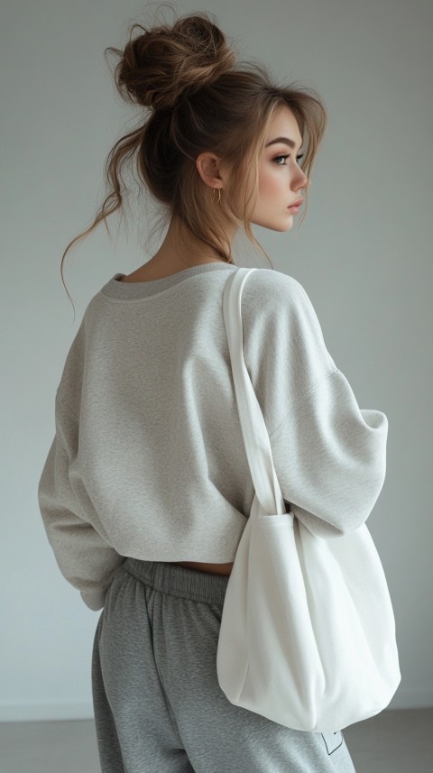 Back View of a Woman in a Cropped Sweatshirt and Sweatpants with a Tote Bag – Casual Aesthetic (23)