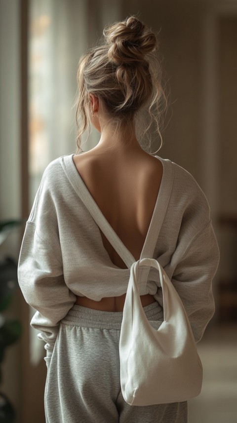 Back View of a Woman in a Cropped Sweatshirt and Sweatpants with a Tote Bag – Casual Aesthetic (30)