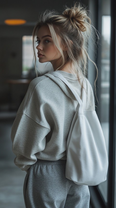 Back View of a Woman in a Cropped Sweatshirt and Sweatpants with a Tote Bag – Casual Aesthetic (28)