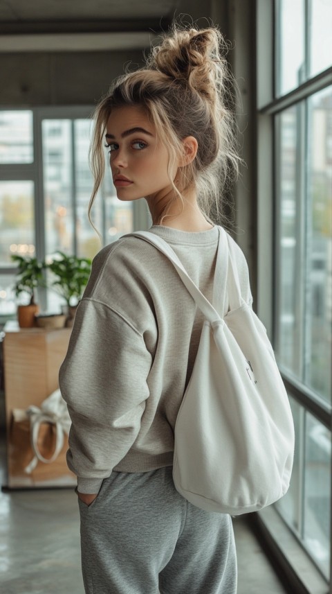 Back View of a Woman in a Cropped Sweatshirt and Sweatpants with a Tote Bag – Casual Aesthetic (5)