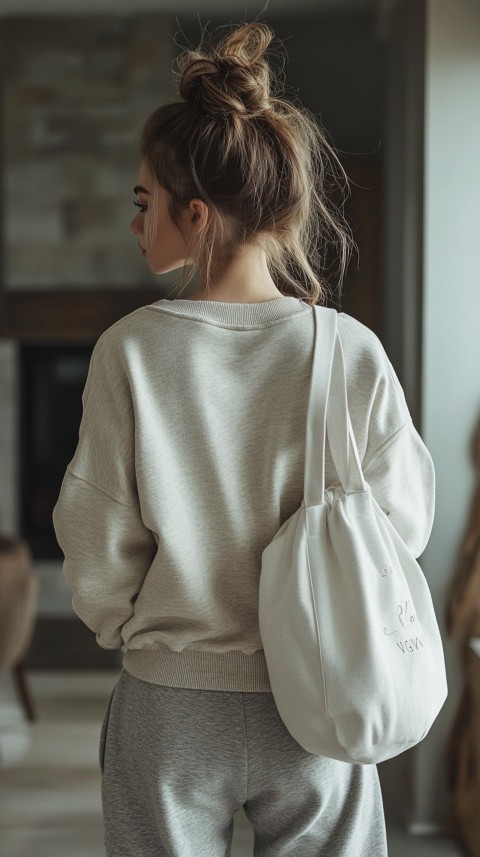 Back View of a Woman in a Cropped Sweatshirt and Sweatpants with a Tote Bag – Casual Aesthetic (15)