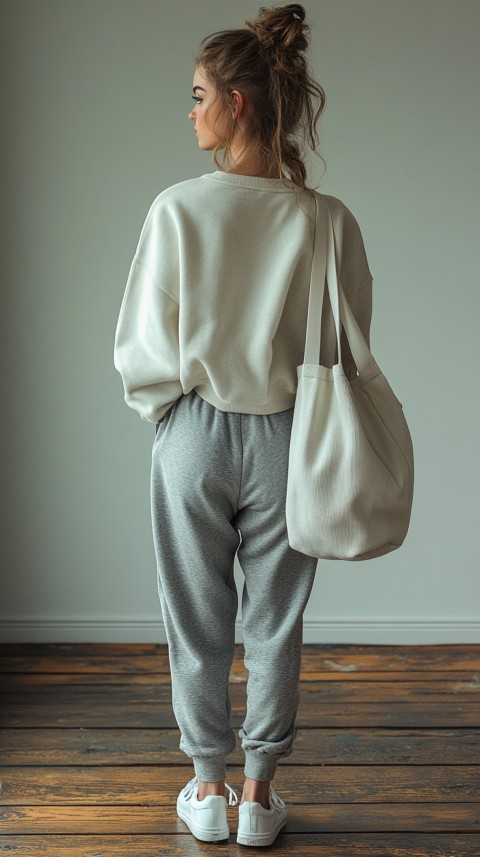 Back View of a Woman in a Cropped Sweatshirt and Sweatpants with a Tote Bag – Casual Aesthetic (6)