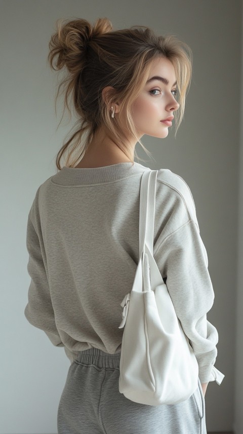 Back View of a Woman in a Cropped Sweatshirt and Sweatpants with a Tote Bag – Casual Aesthetic (22)