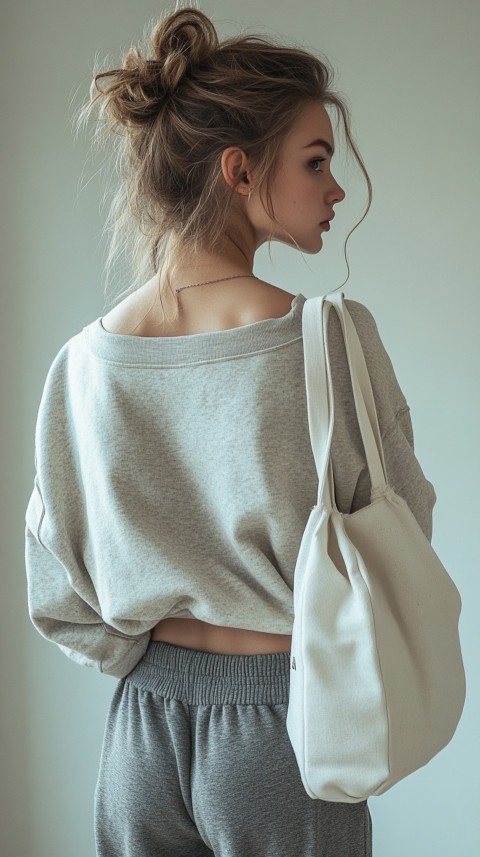 Back View of a Woman in a Cropped Sweatshirt and Sweatpants with a Tote Bag – Casual Aesthetic (21)