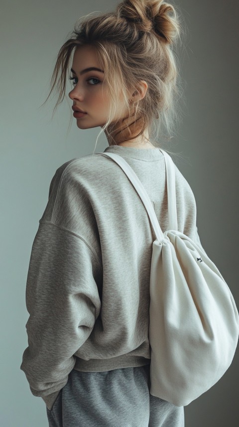 Back View of a Woman in a Cropped Sweatshirt and Sweatpants with a Tote Bag – Casual Aesthetic (12)