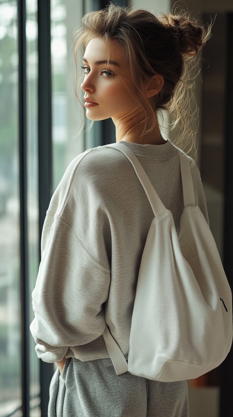 Back View of a Woman in a Cropped Sweatshirt and Sweatpants with a Tote Bag – Casual Aesthetic (43)